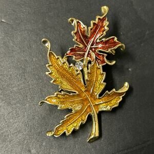 Vintage Style Enameled Maple Leaf Brooch Autumn Colors Rhinestone Center